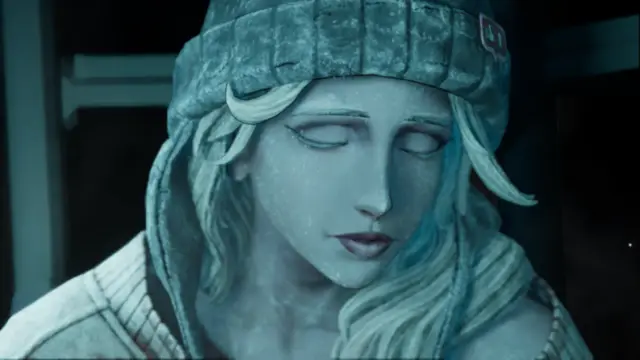 Stupid Never Dies close-up of frozen Julia covered in ice